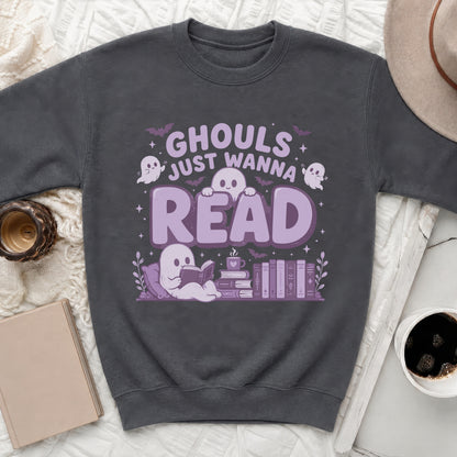Dark gray sweatshirt with purple text and ghost graphic that says "Ghouls just wanna read".