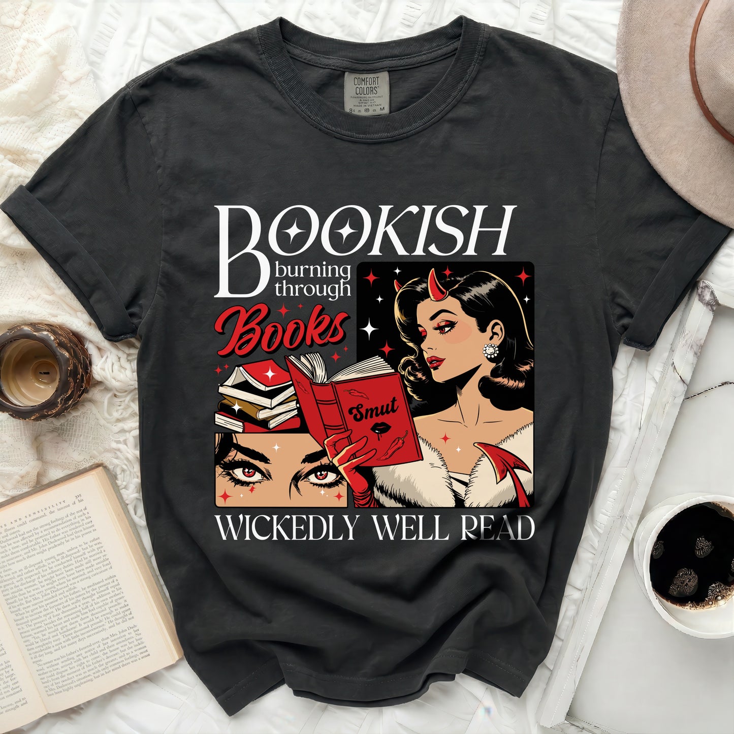 Black t-shirt with graphic "Bookish burning through Books, Smut, Wickedly Well Read".