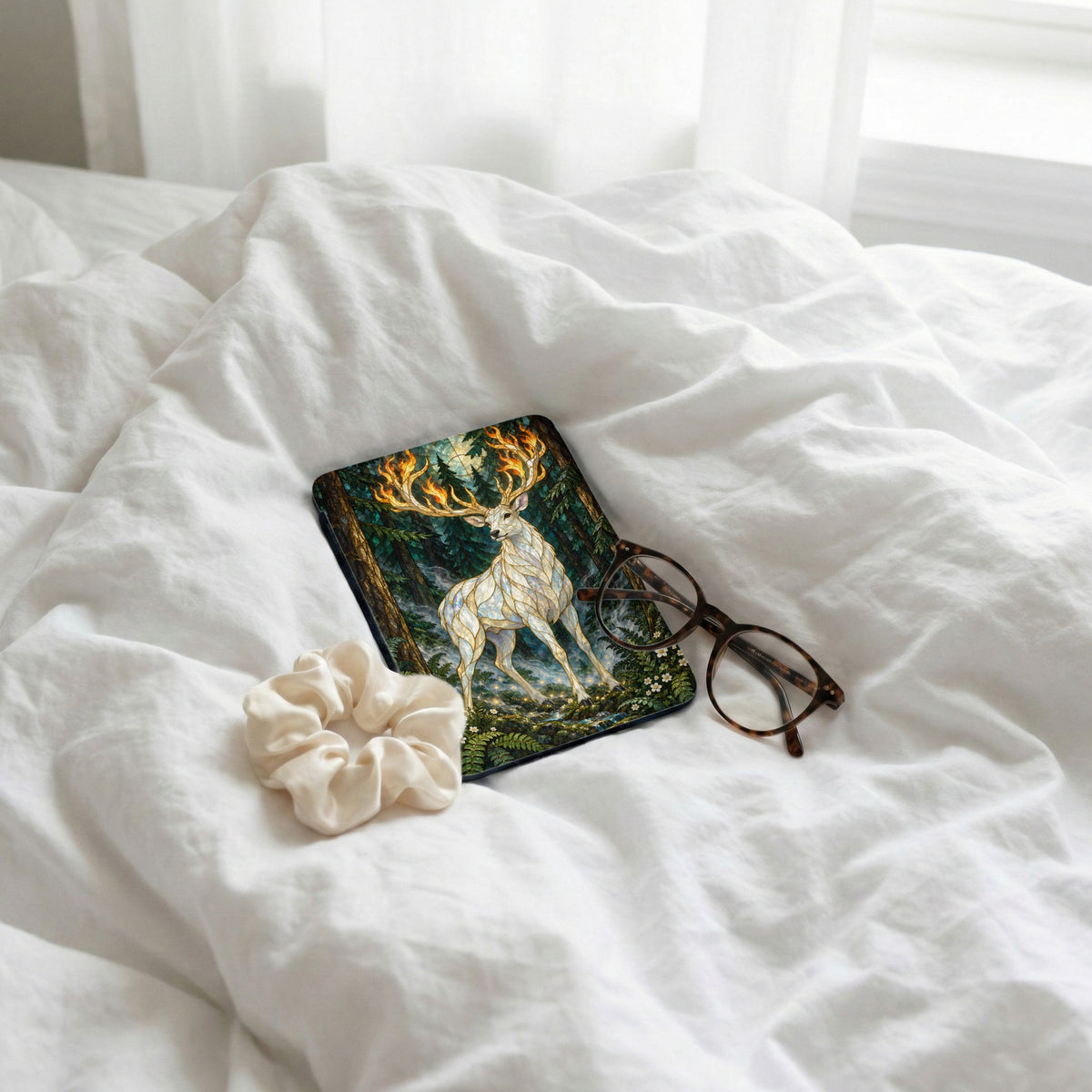 White deer with flame antlers on a dark forest background, with glasses and scrunchie.
