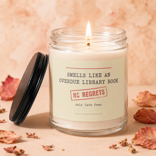 A lit soy candle in a glass jar with a black lid and a custom label.