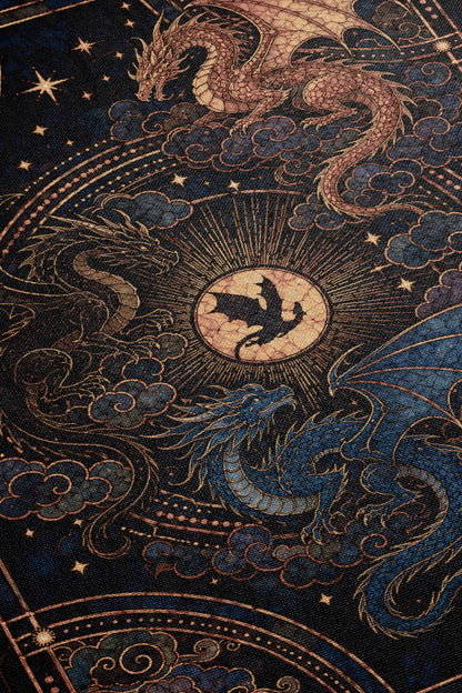 The image is a detailed and intricate illustration featuring a large, ornate dragon with a golden sunburst at its center, surrounded by smaller dragons and celestial elements such as stars and clouds.