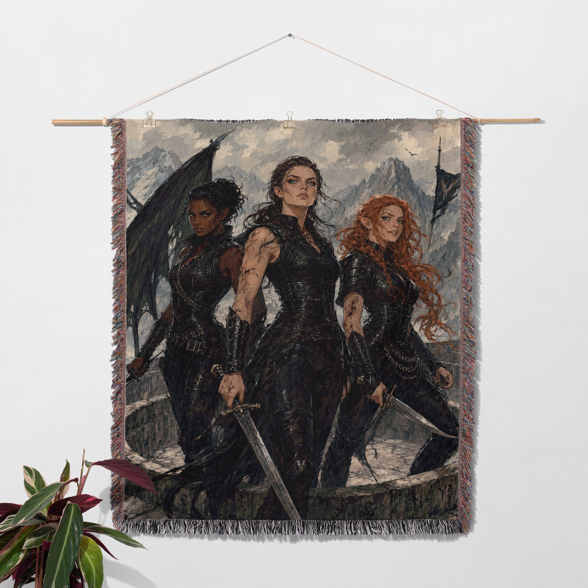 three women standing together, each holding a sword.