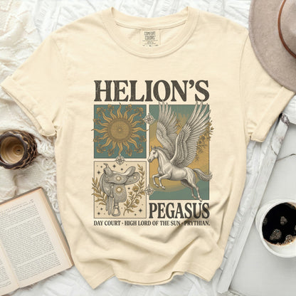 Helion's Pegasus t-shirt with sun, saddle, and winged horse graphic.