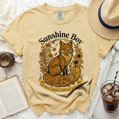 Yellow t-shirt with a fox illustration and "Sunshine Boy" text.