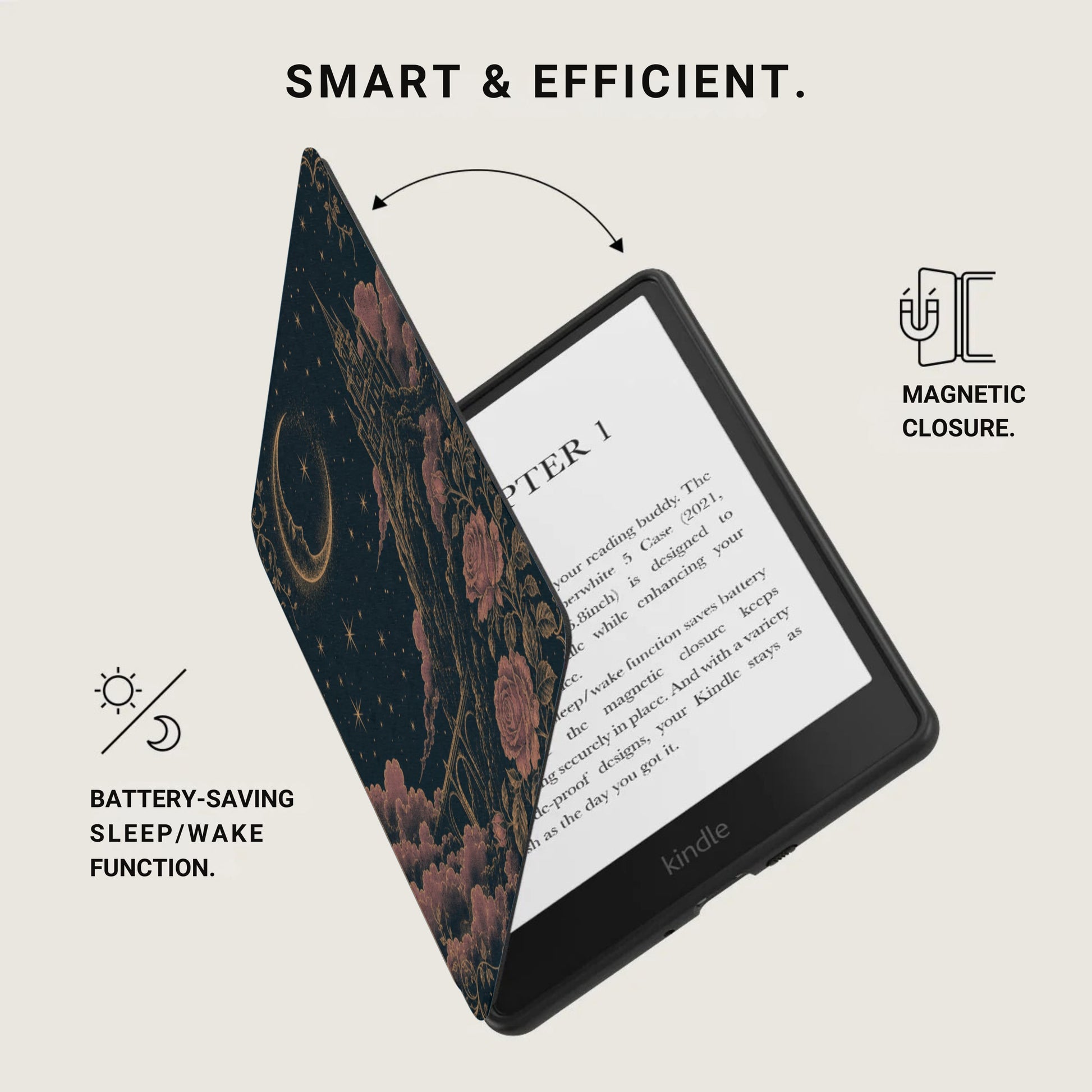 Kindle e-reader with decorative cover, showing magnetic closure and battery-saving function.