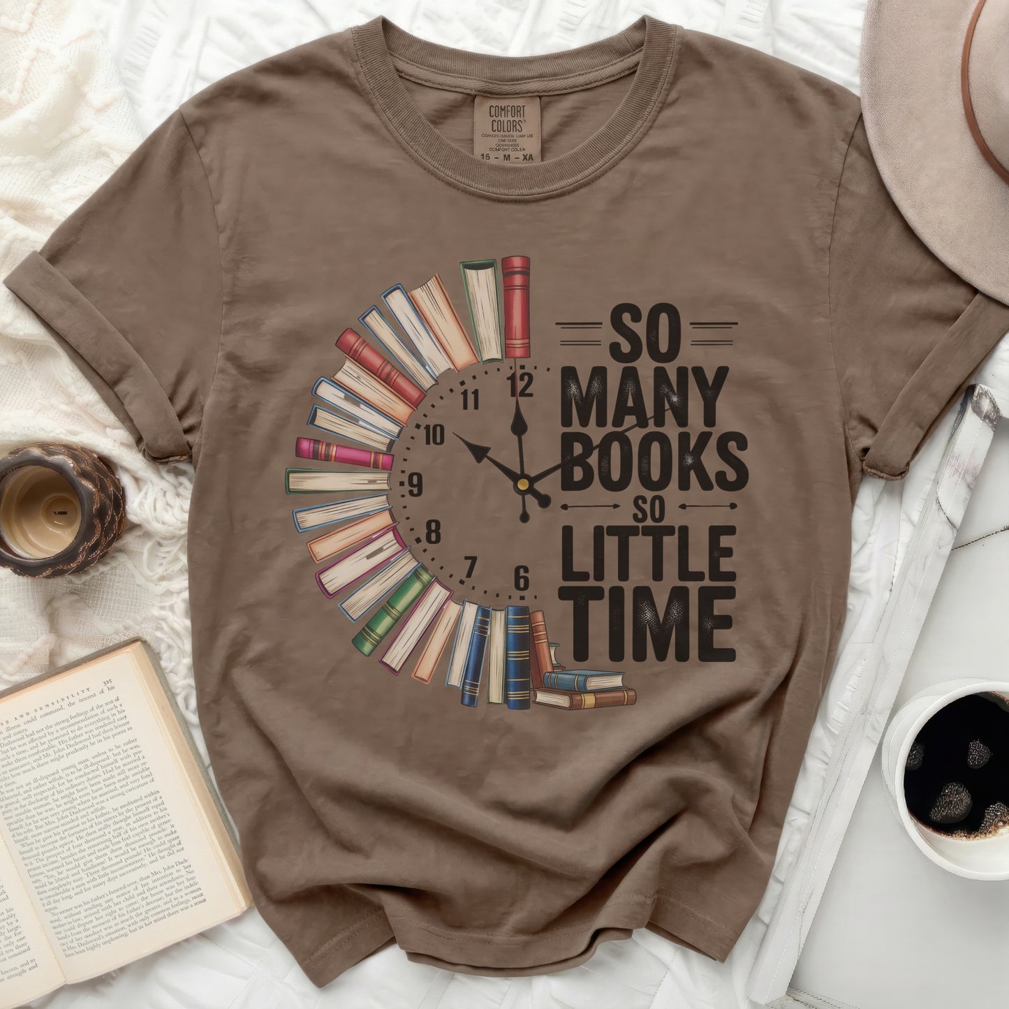 T-shirt with "So Many Books So Little Time" text and a book clock design.