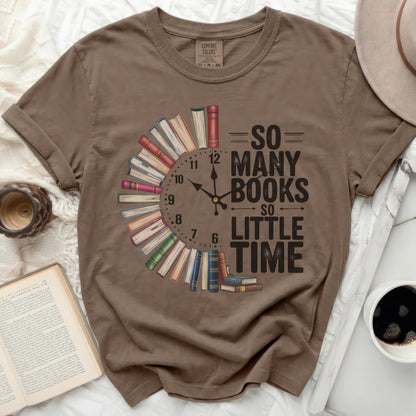 T-shirt with "So Many Books So Little Time" text and a book clock design.