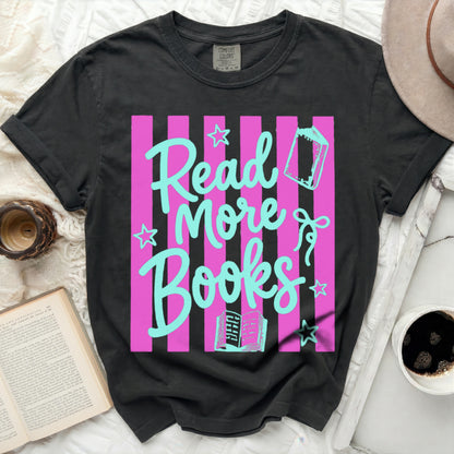 Black t-shirt with pink stripes and "Read More Books" graphic.
