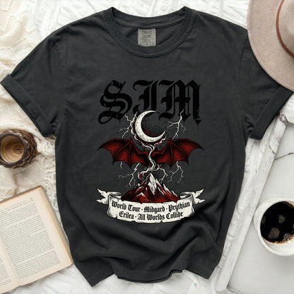 Black Comfort Colors t-shirt with "SIM" logo, dragon, and world tour text.