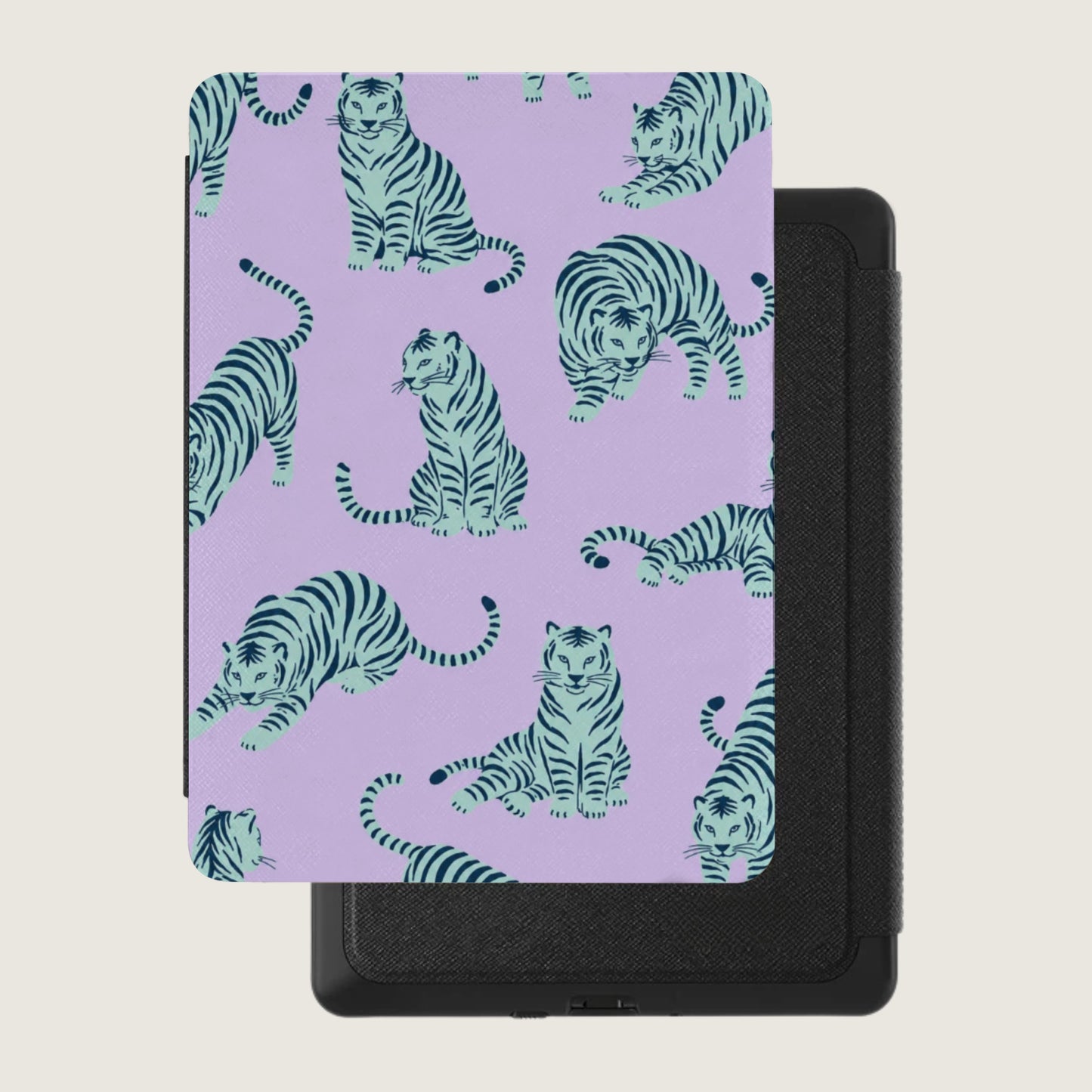 Purple case with a pattern of teal tigers and a black tablet case.