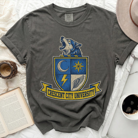Grey t-shirt with Crescent City University shield logo.