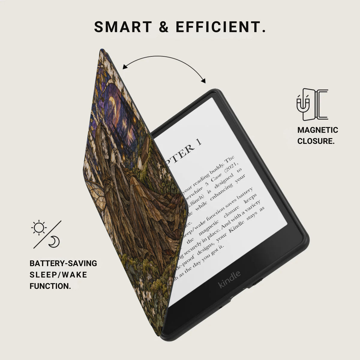 Kindle with decorative case showing a skeleton figure, with text about battery-saving and magnetic closure.