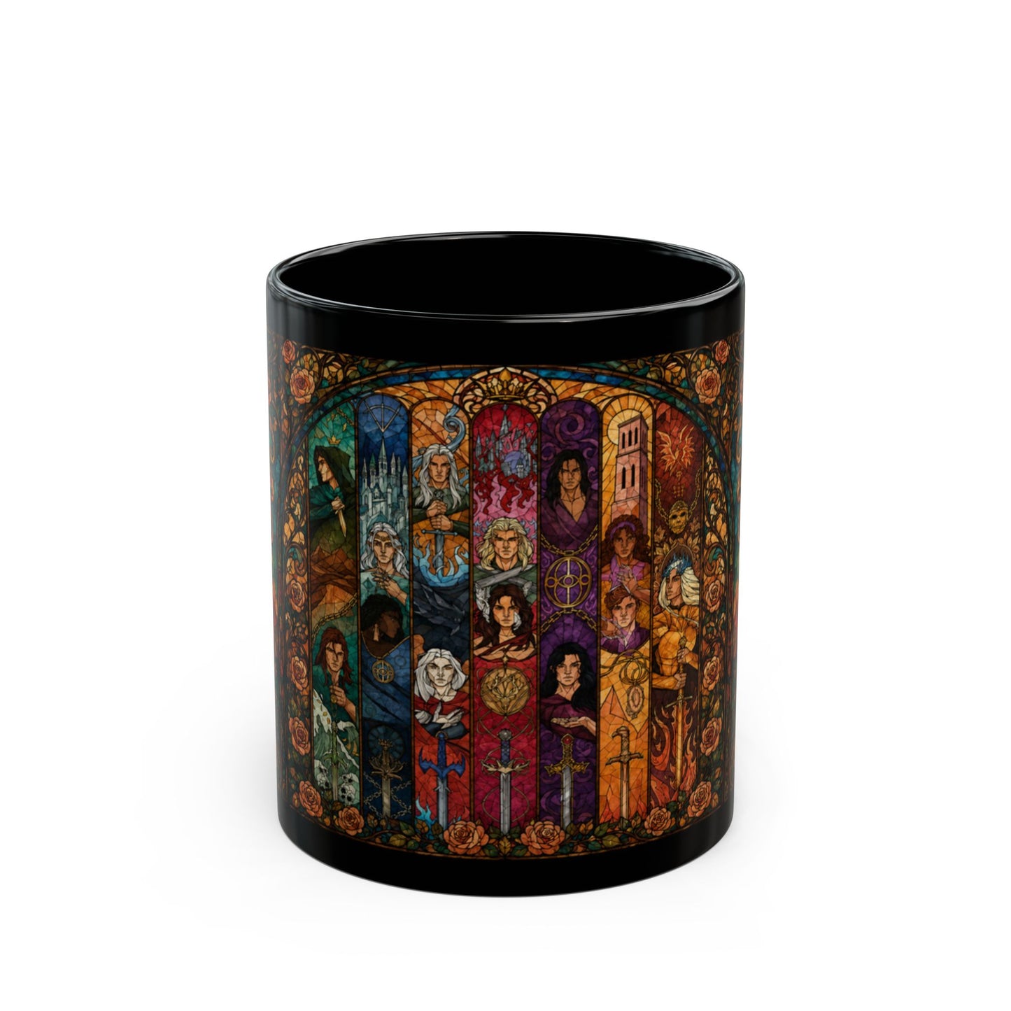Black mug featuring a stained glass design of characters and swords with roses.