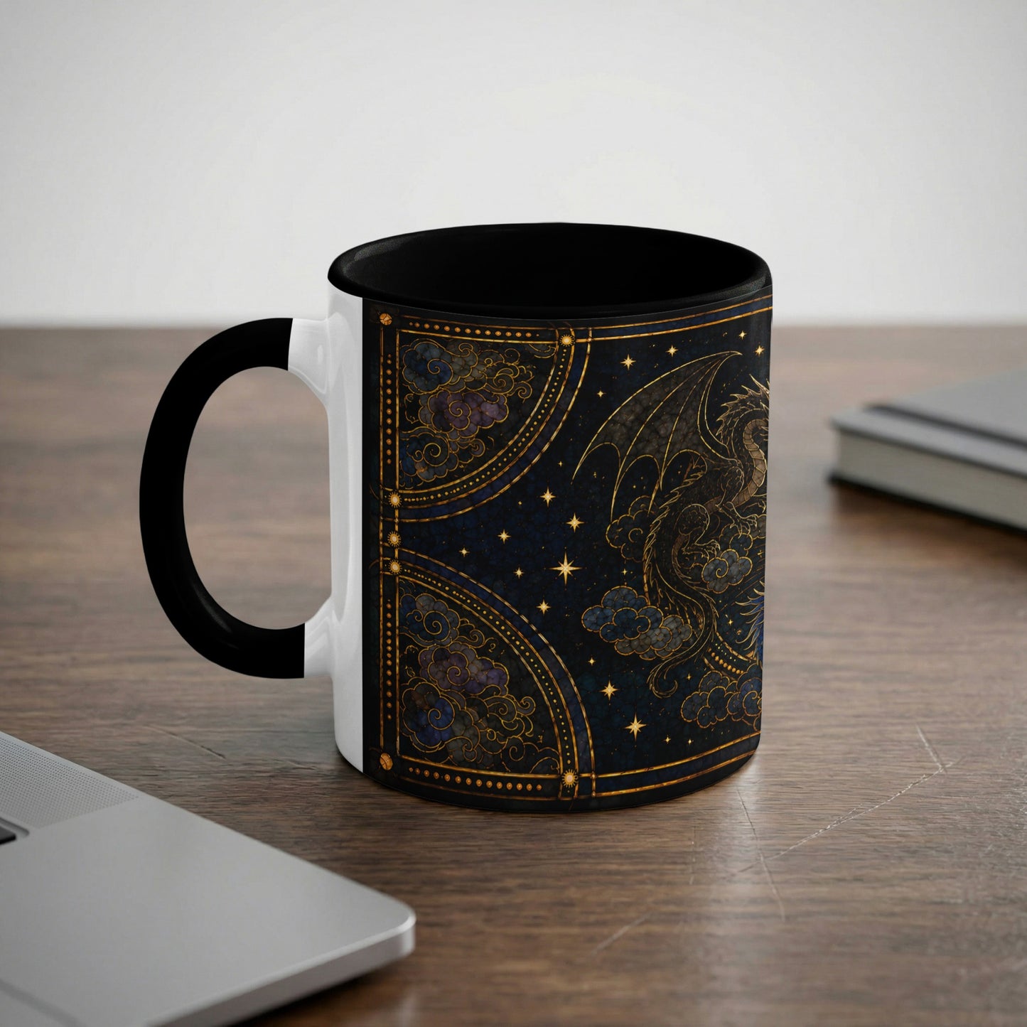 Mug with gold dragon design on dark starry background with clouds