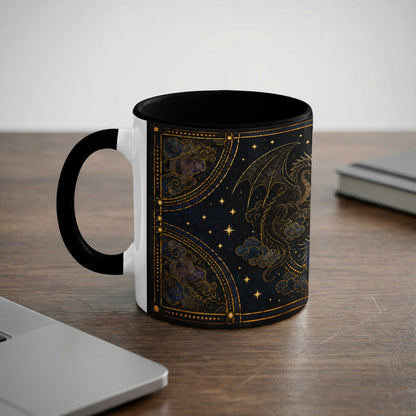 Mug with gold dragon design on dark starry background with clouds