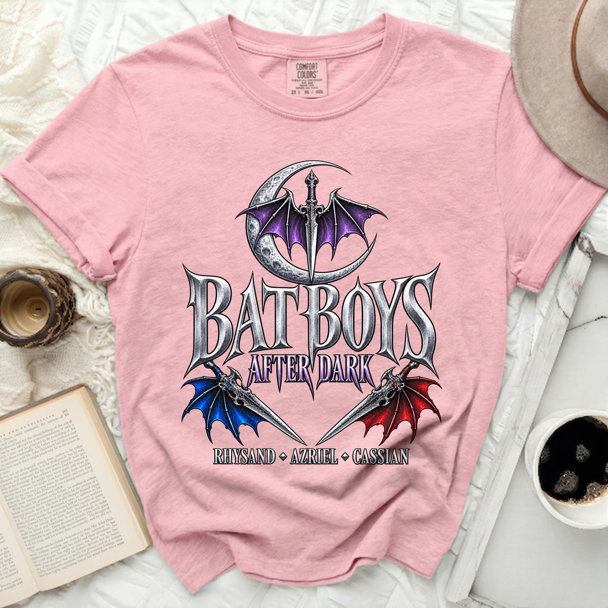 Pink t-shirt with "BAT BOYS AFTER DARK" and character names, moon, and swords design.