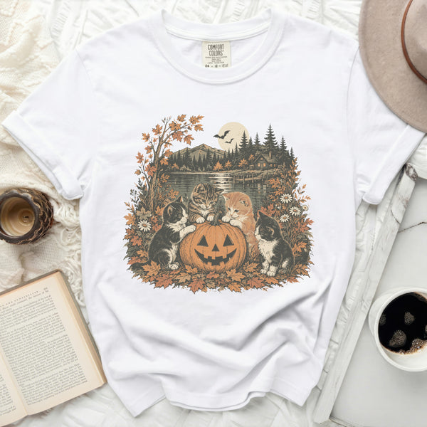 Autumn Pumpkin Kittens Tee in White