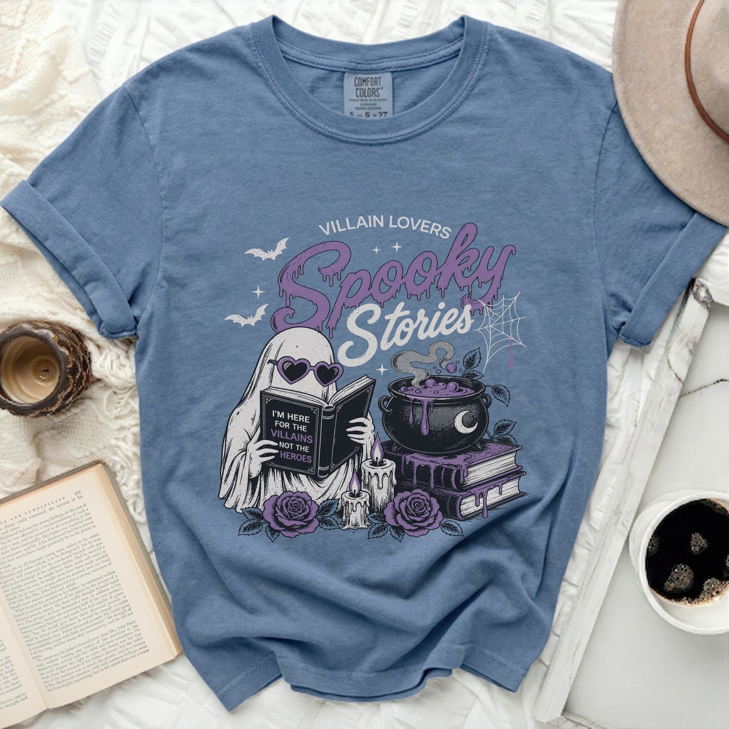 Blue t-shirt with ghost reading "I'm Here For The Villains Not The Heroes".