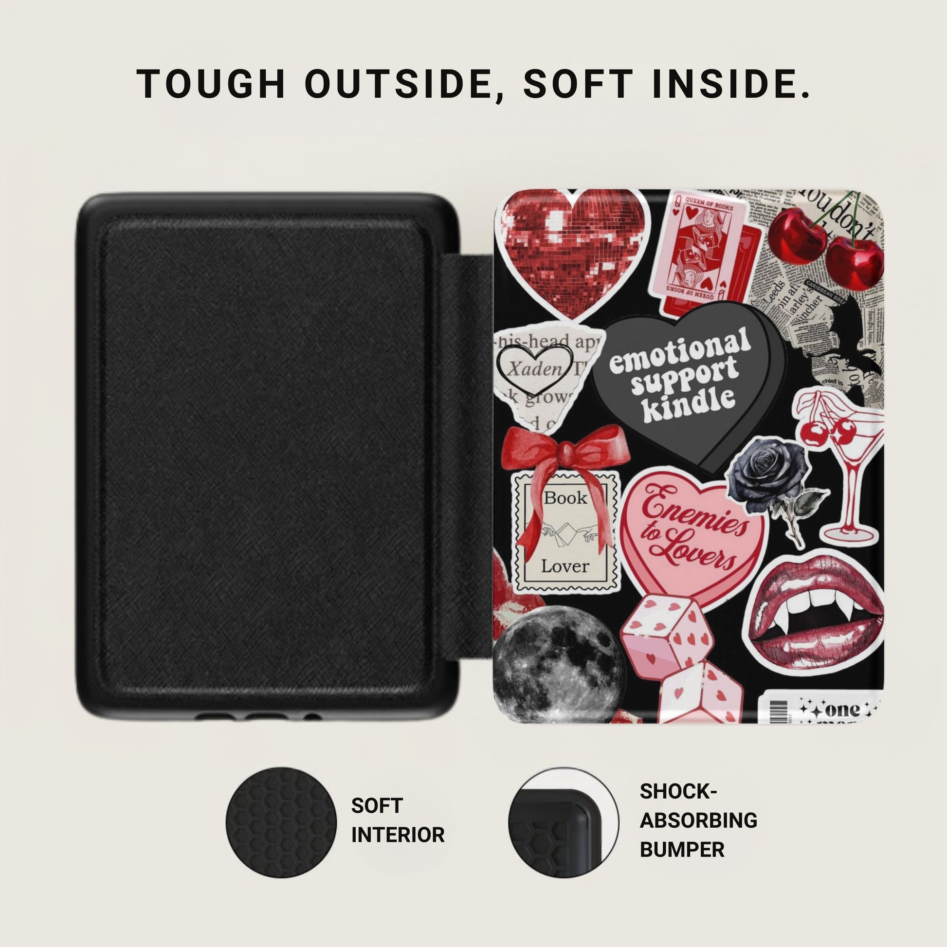 Black case with patterned interior featuring hearts, dice, lips, and text.