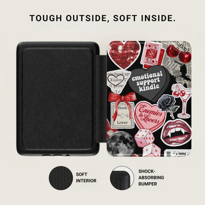 Black case with patterned interior featuring hearts, dice, lips, and text.
