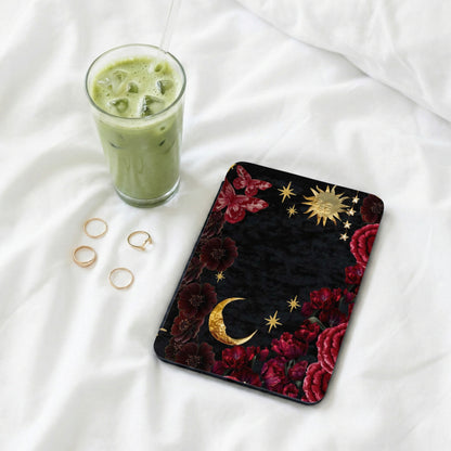 Black celestial phone case with moons, stars, butterflies, and floral patterns.