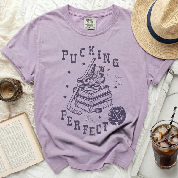 Pucking Perfect Hockey Love Story Tee in Orchid