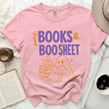 Pink t-shirt with ghost reading books and "Spooky Books & Boo Sheet" text.