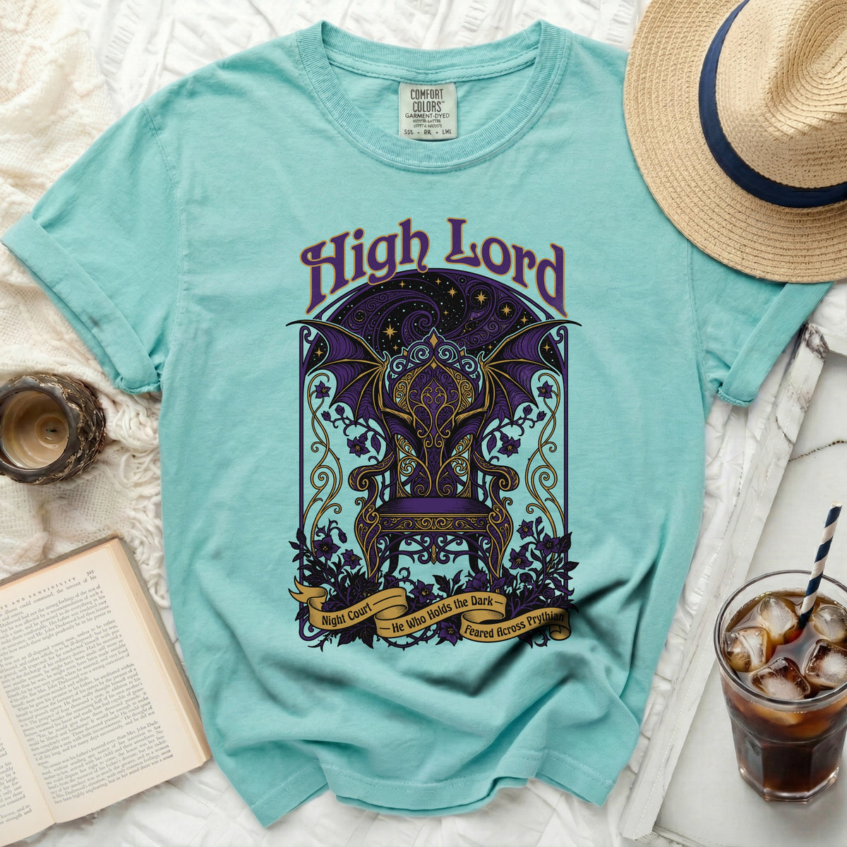 Teal t-shirt with "High Lord" and a throne design.