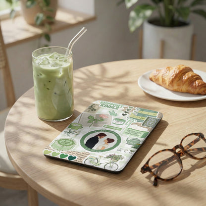 E-reader case with a collage of green bookish and romantic stickers.