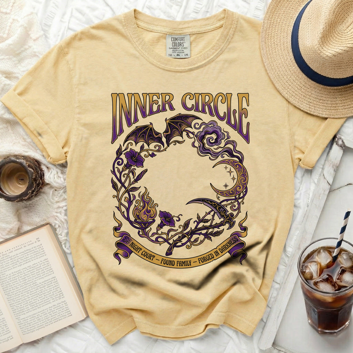 Yellow t-shirt with "Inner Circle" and gothic designs, "Night Court - Found Family - Forged in Darkness."