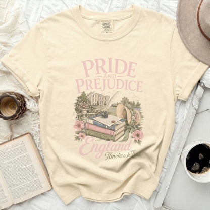 Comfort Colors t-shirt with Pride and Prejudice book graphic and England text.