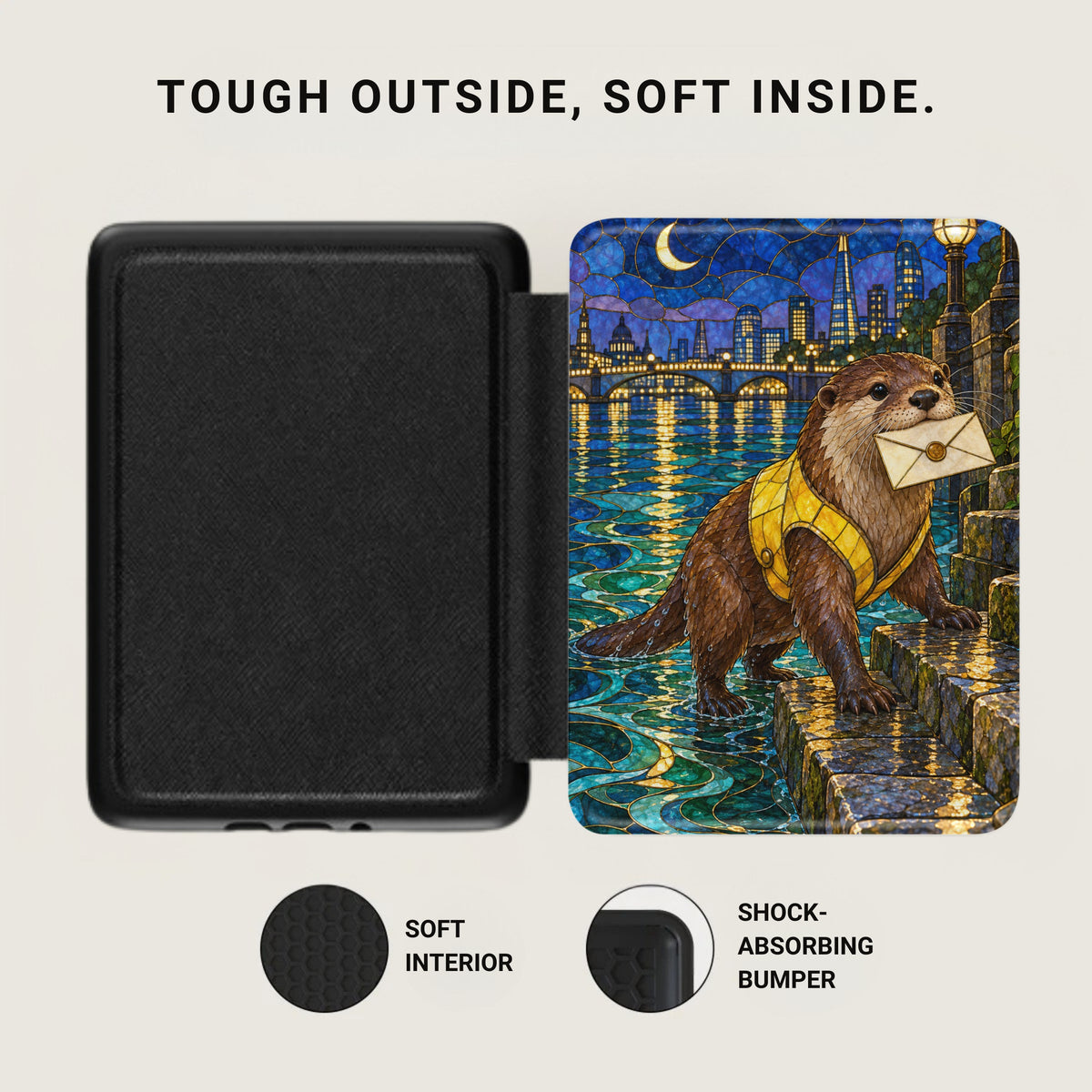 Black case with stained glass otter holding envelope, London skyline, and text "Tough Outside, Soft Inside."