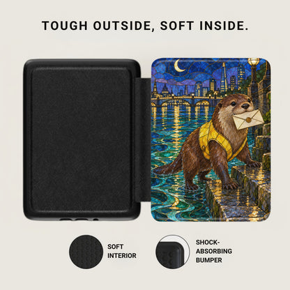 Black case with stained glass otter holding envelope, London skyline, and text "Tough Outside, Soft Inside."