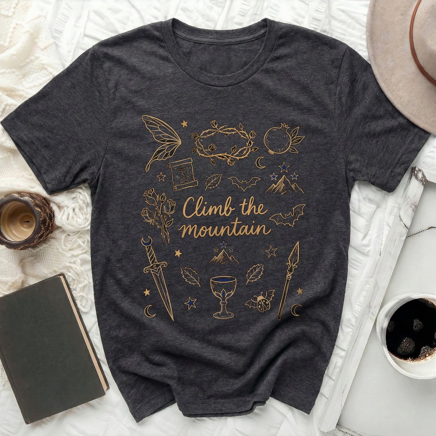 Climb the mountain fantasy elements dark gray T-shirt product type