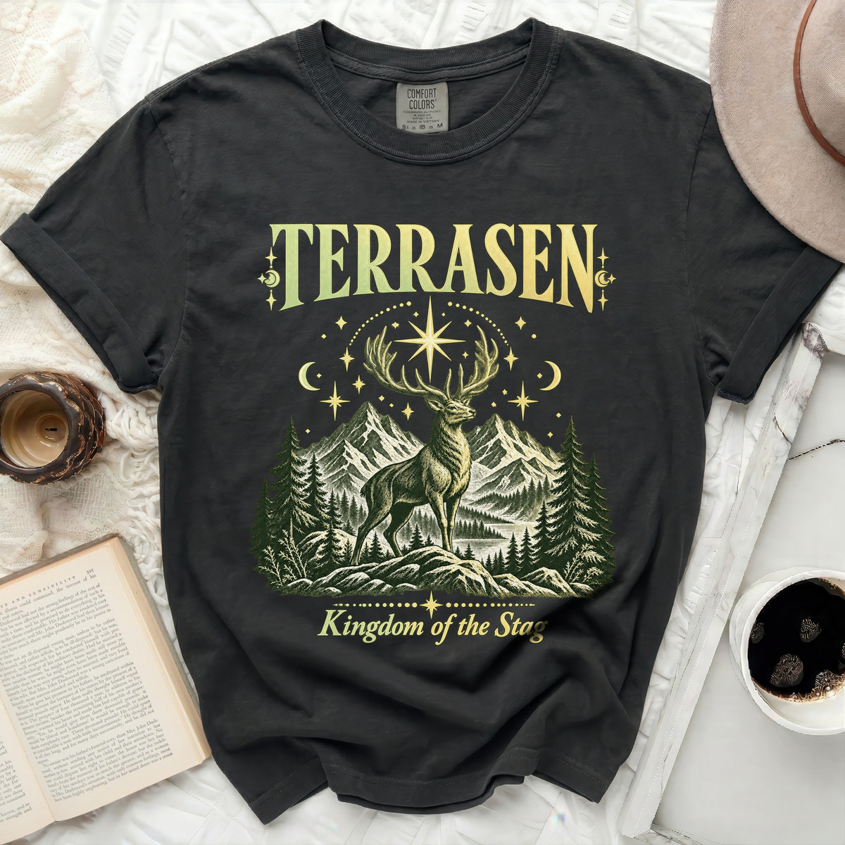 Dark t-shirt with "TERRASEN Kingdom of the Stag" graphic featuring a stag.