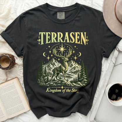 Dark t-shirt with "TERRASEN Kingdom of the Stag" graphic featuring a stag.