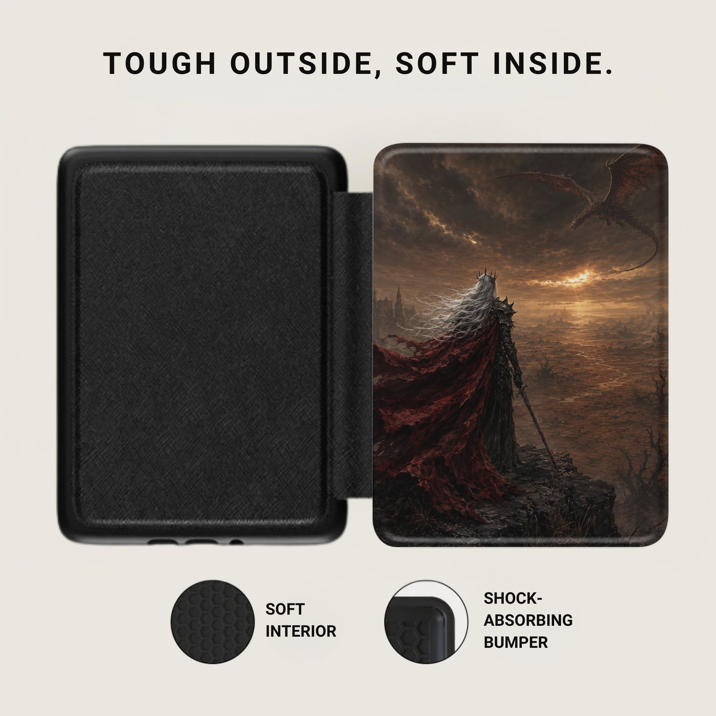 Black case with "Elden Ring" artwork showing a warrior and dragon. Toughened outside.