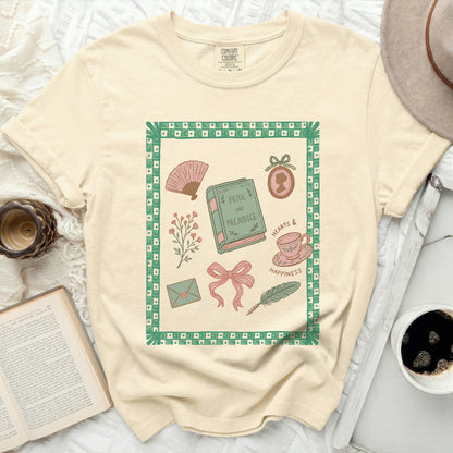 Cream t-shirt with "Pride and Prejudice" book and vintage-style illustration.