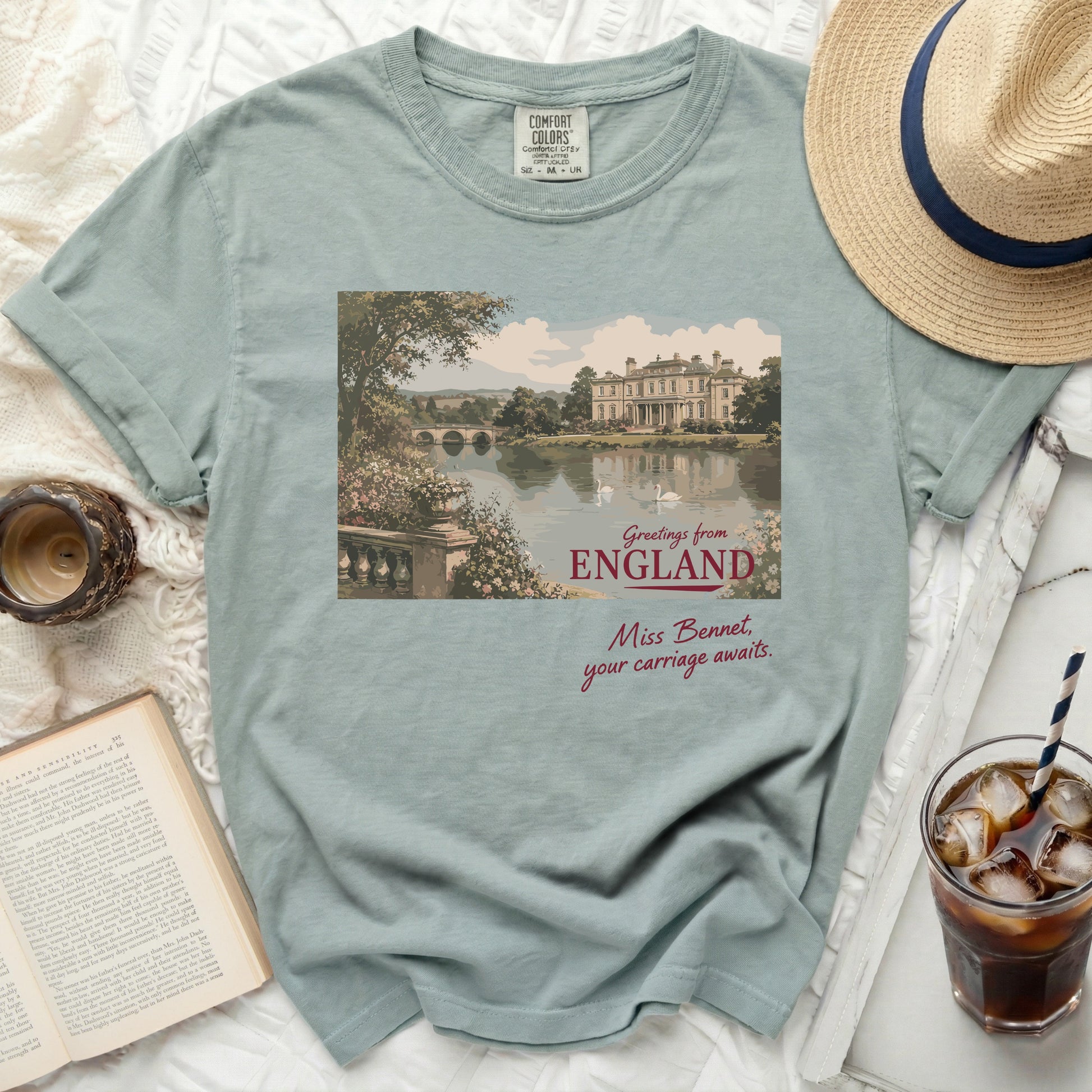 Comfort Colors t-shirt with "Greetings from ENGLAND" and "Miss Bennet, your carriage awaits."