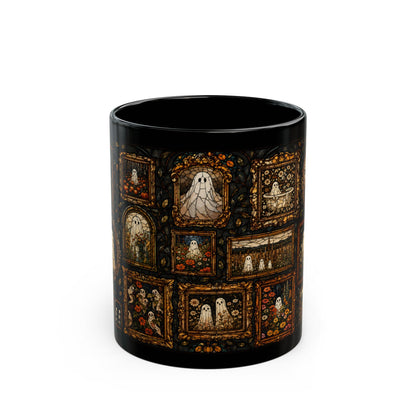 Black mug with all-over stained-glass ghost and floral design.