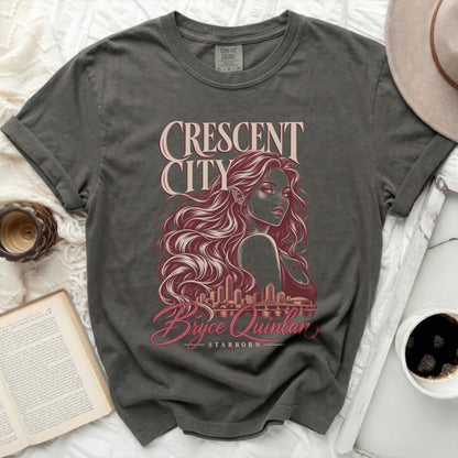 Gray t-shirt with "Crescent City Bryce Quinlan Starborn" text and an illustration of a woman.