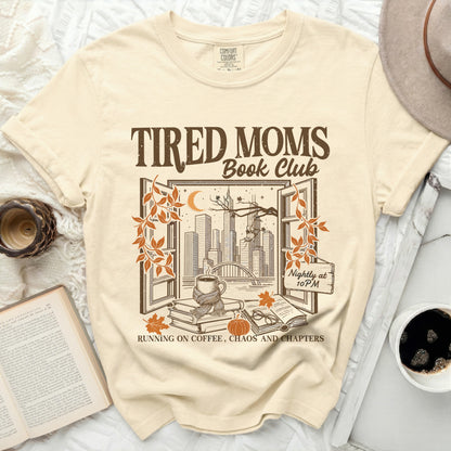 Tired Moms Book Club graphic tee with a city view, books, and text.