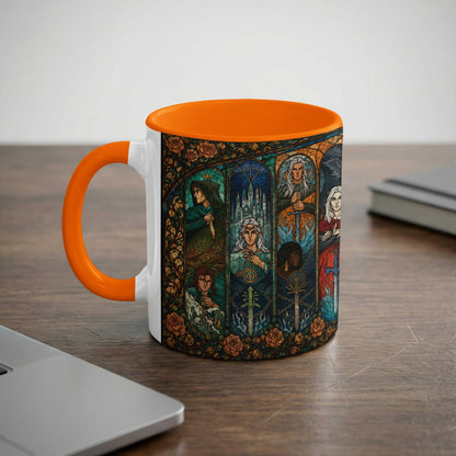 White mug with orange handle featuring stained glass design of multiple figures and swords.