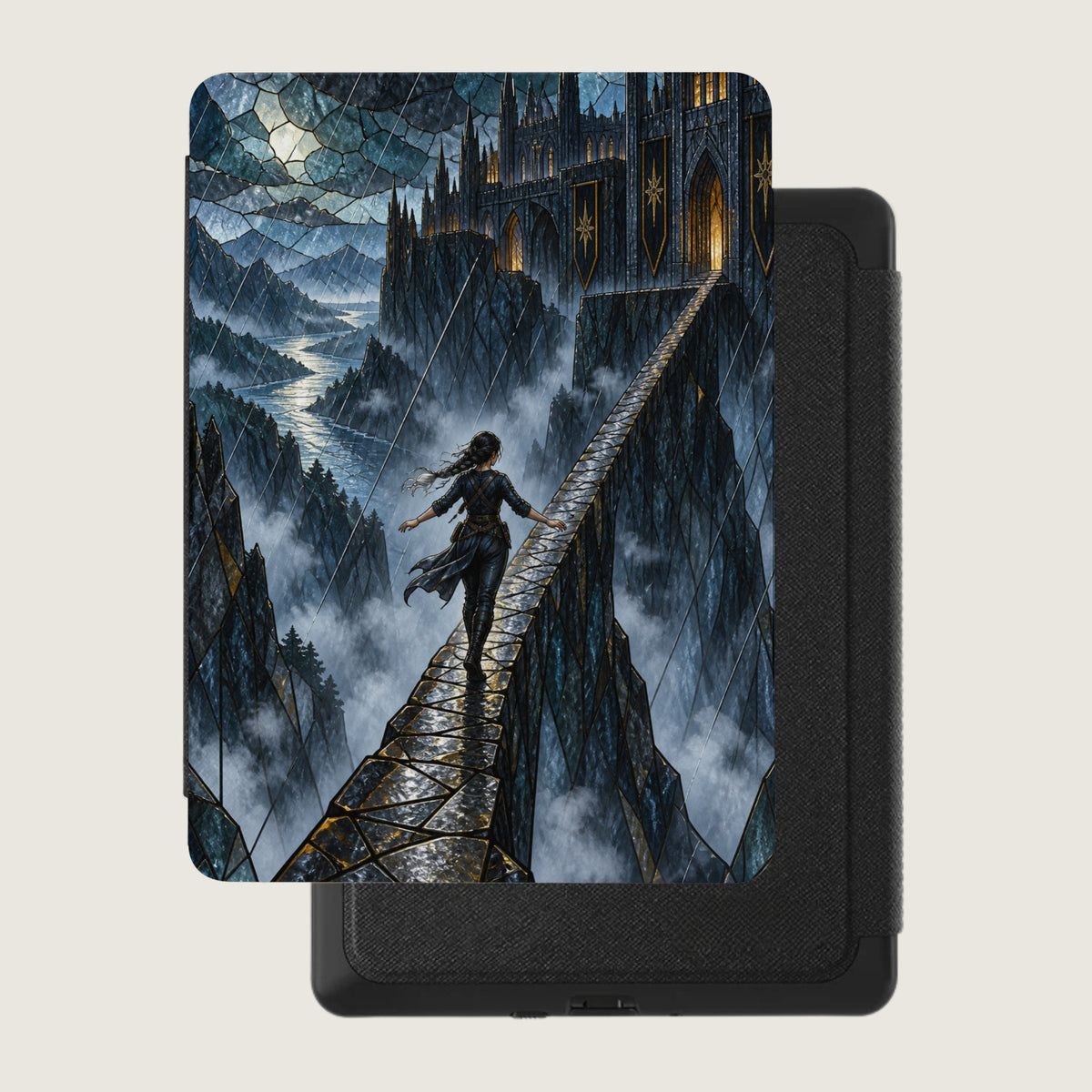 Woman on a bridge leading to a castle, stained glass fantasy art style.