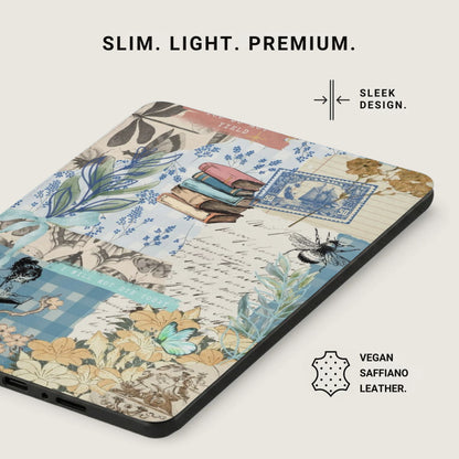 Collage phone case with vintage illustrations of books, stamps, butterflies, and bees.