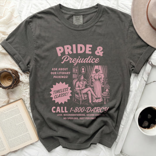 Dark grey t-shirt with "Pride & Prejudice" and literary illustration.