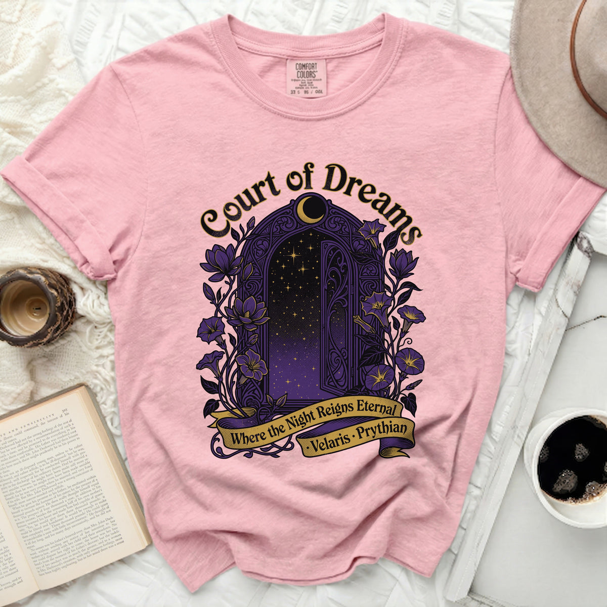Pink t-shirt with "Court of Dreams" and starry archway graphic.