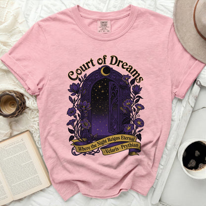 Pink t-shirt with "Court of Dreams" and starry archway graphic.