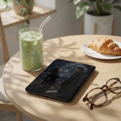 Tablet with dark fantasy art of winged figures over city lights, near matcha drink.