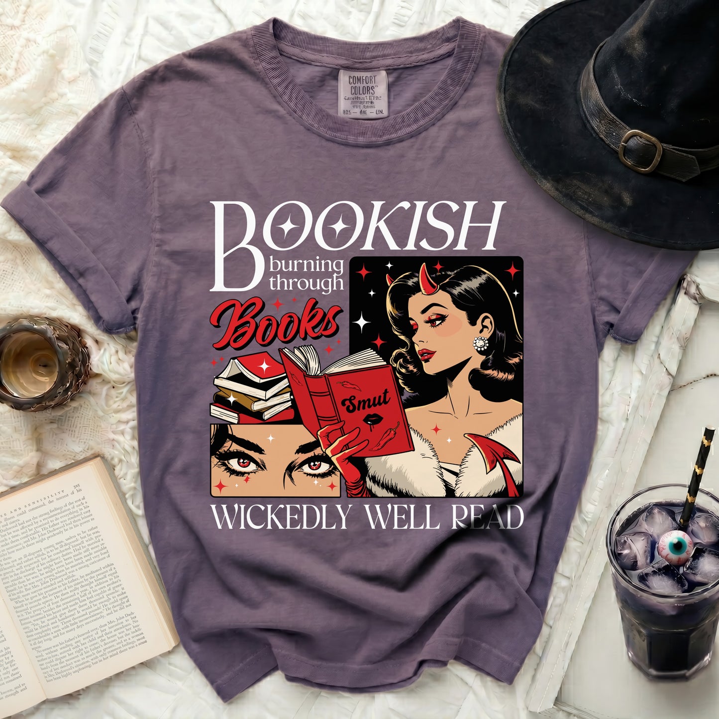 Bookish burning through books graphic tee with devil woman and Smut book.